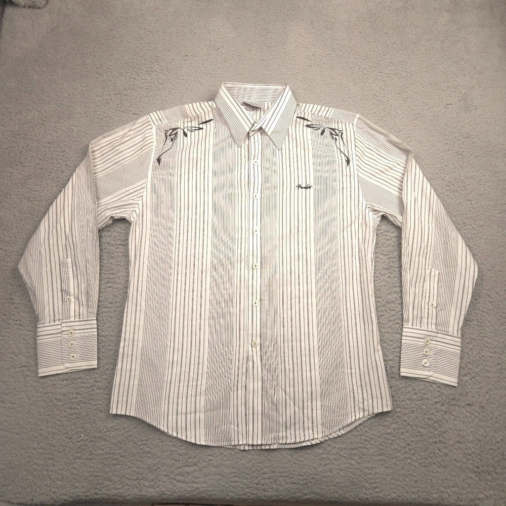 Fender Mens Dress Shirt Large White Black Striped Graphic Rock Embroidered NWT